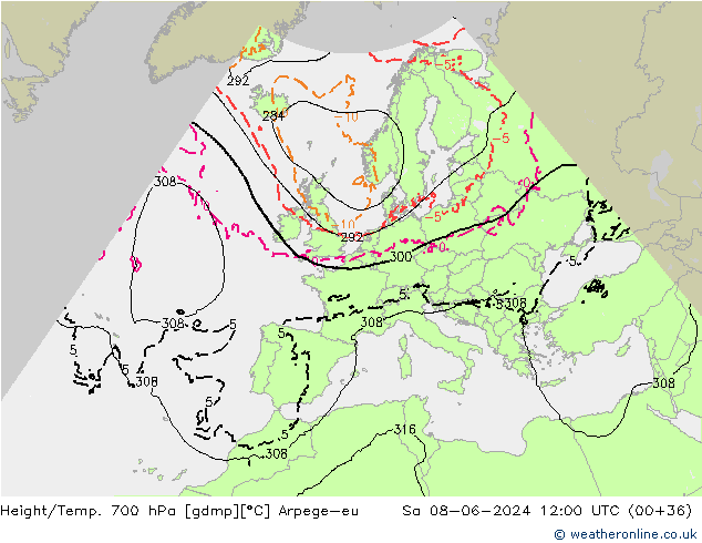 Height/Temp. 700 hPa Arpege-eu So 08.06.2024 12 UTC