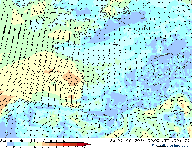 Surface wind (bft) Arpege-eu Su 09.06.2024 00 UTC