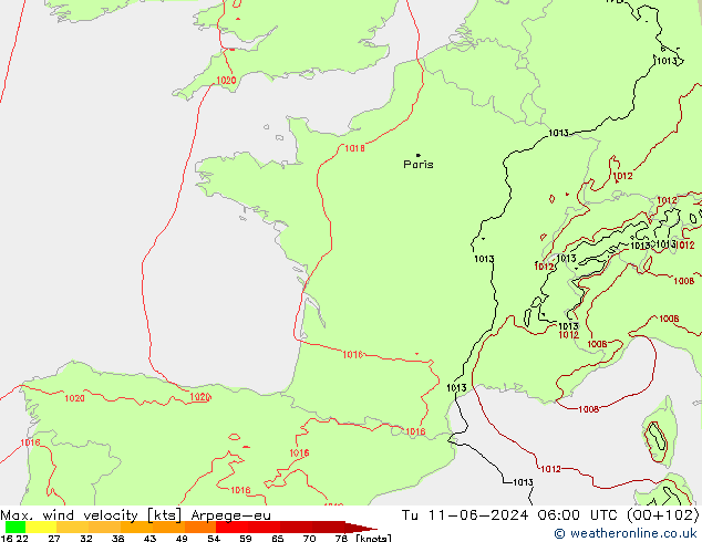 Max. wind velocity Arpege-eu Tu 11.06.2024 06 UTC