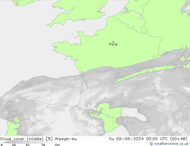 Cloud cover (middle) Arpege-eu Su 09.06.2024 00 UTC