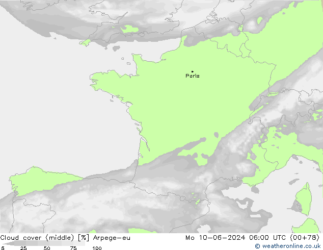 Cloud cover (middle) Arpege-eu Mo 10.06.2024 06 UTC