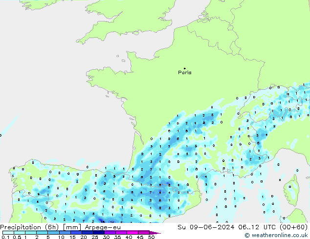 Precipitation (6h) Arpege-eu Su 09.06.2024 12 UTC