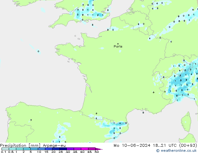 Niederschlag Arpege-eu Mo 10.06.2024 21 UTC