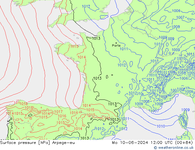 Surface pressure Arpege-eu Mo 10.06.2024 12 UTC