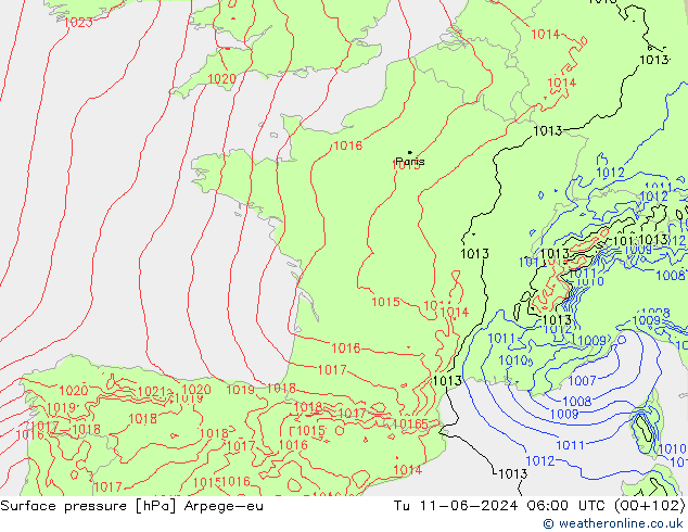 Surface pressure Arpege-eu Tu 11.06.2024 06 UTC