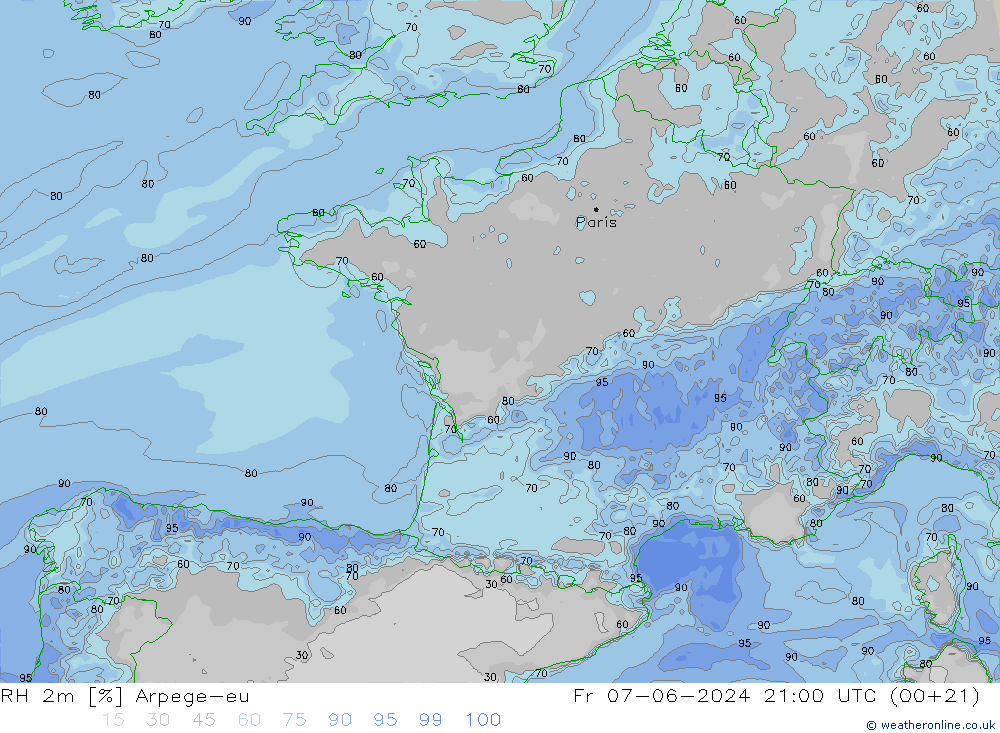 Humidité rel. 2m Arpege-eu ven 07.06.2024 21 UTC