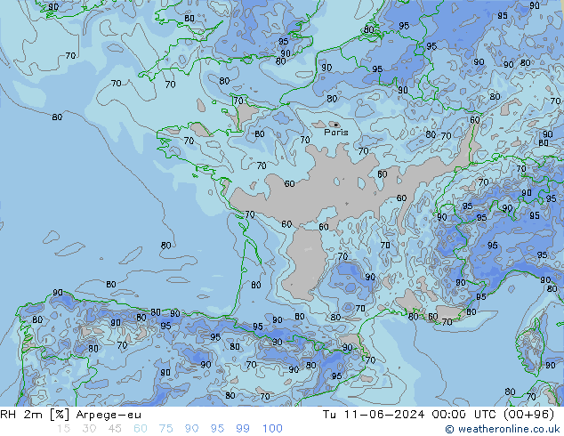 RH 2m Arpege-eu Tu 11.06.2024 00 UTC