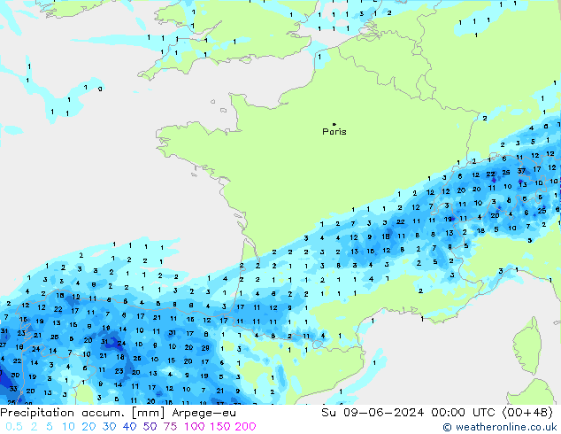 Precipitation accum. Arpege-eu Su 09.06.2024 00 UTC