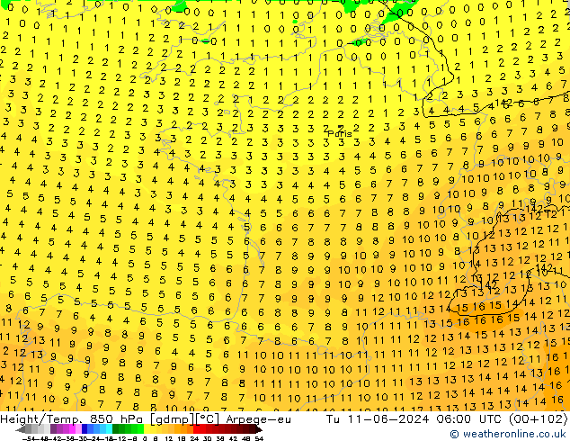 Height/Temp. 850 hPa Arpege-eu mar 11.06.2024 06 UTC