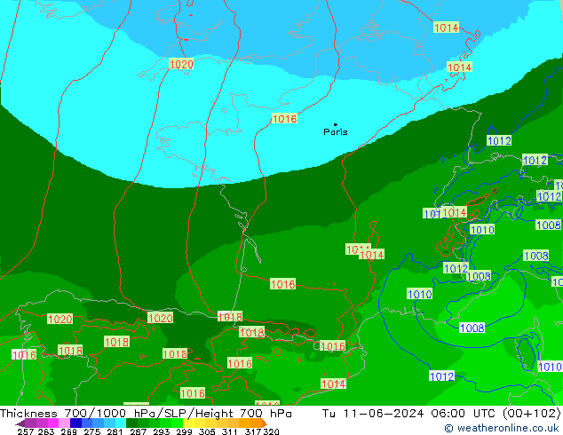 Thck 700-1000 hPa Arpege-eu Tu 11.06.2024 06 UTC