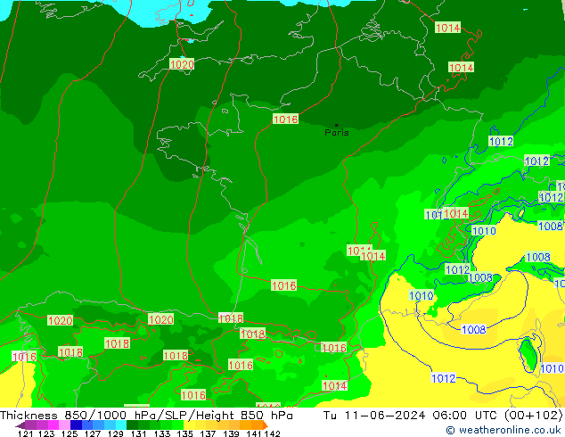 Thck 850-1000 hPa Arpege-eu Tu 11.06.2024 06 UTC