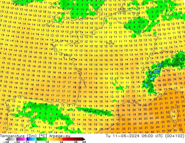 mapa temperatury (2m) Arpege-eu wto. 11.06.2024 06 UTC