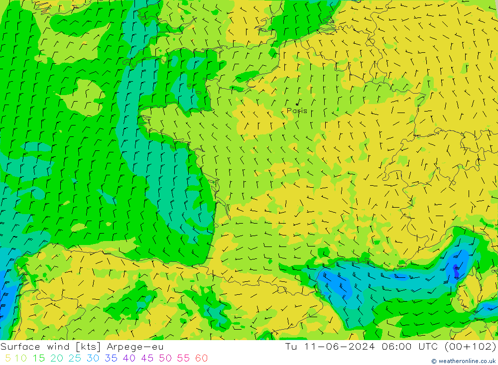 Surface wind Arpege-eu Tu 11.06.2024 06 UTC