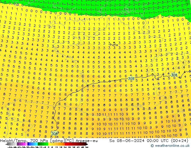 Yükseklik/Sıc. 700 hPa Arpege-eu Cts 08.06.2024 00 UTC