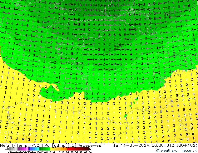 Height/Temp. 700 hPa Arpege-eu Di 11.06.2024 06 UTC