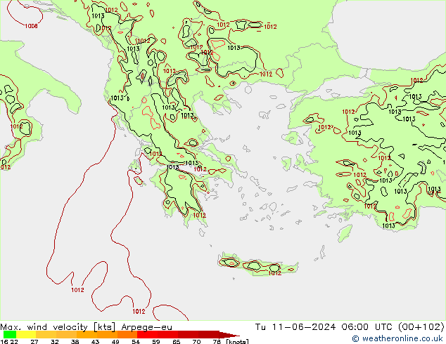 Max. wind velocity Arpege-eu вт 11.06.2024 06 UTC