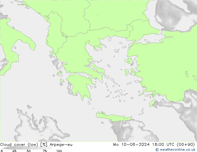 Cloud cover (low) Arpege-eu Mo 10.06.2024 18 UTC