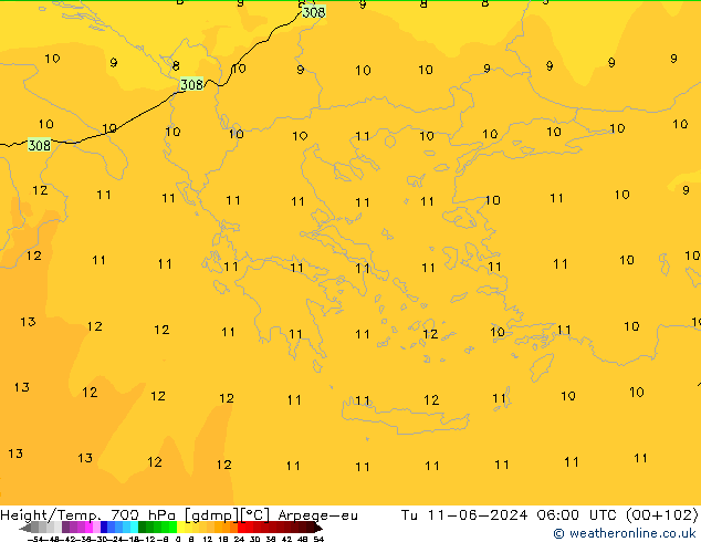 Height/Temp. 700 hPa Arpege-eu Tu 11.06.2024 06 UTC