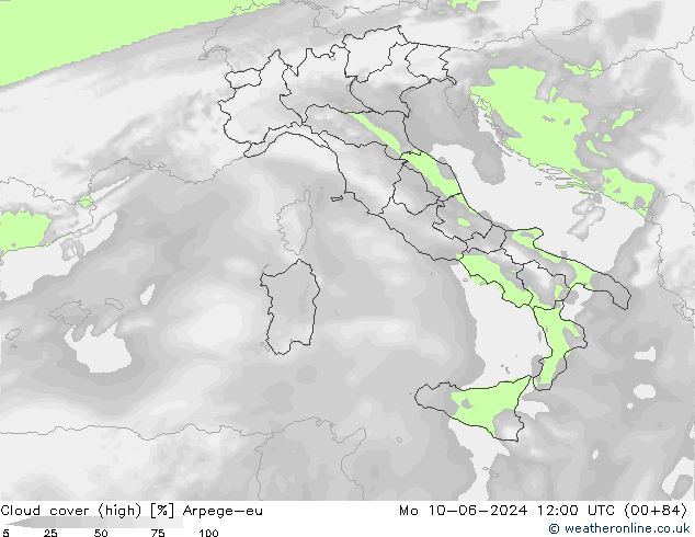 Cloud cover (high) Arpege-eu Mo 10.06.2024 12 UTC