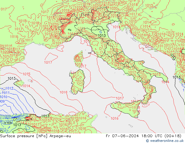 Pressione al suolo Arpege-eu ven 07.06.2024 18 UTC