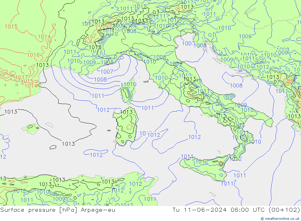 Atmosférický tlak Arpege-eu Út 11.06.2024 06 UTC