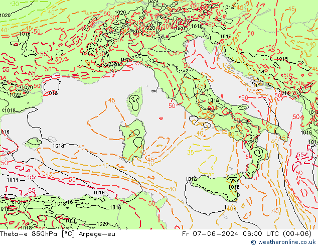 Theta-e 850hPa Arpege-eu ven 07.06.2024 06 UTC