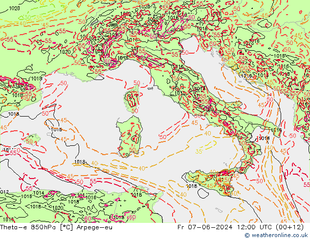 Theta-e 850hPa Arpege-eu ven 07.06.2024 12 UTC