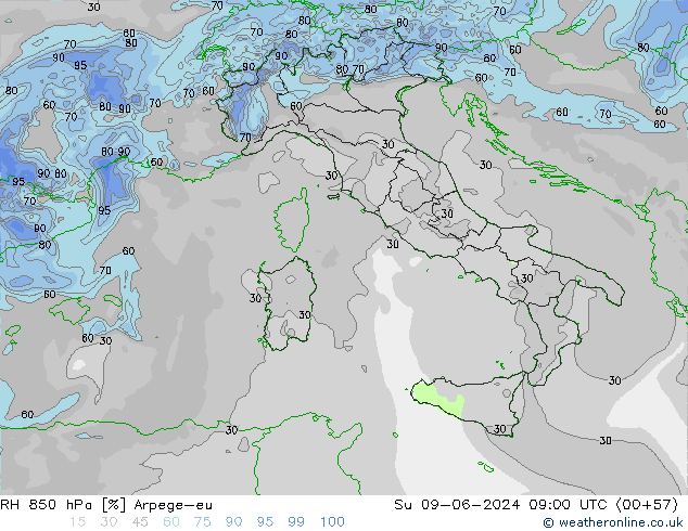 RH 850 hPa Arpege-eu Ne 09.06.2024 09 UTC