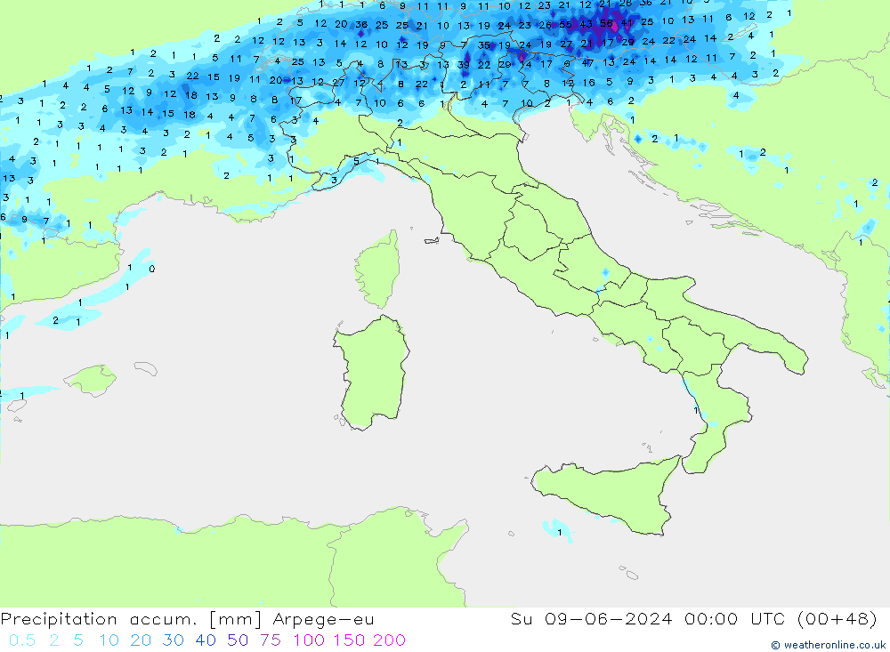 Totale neerslag Arpege-eu zo 09.06.2024 00 UTC