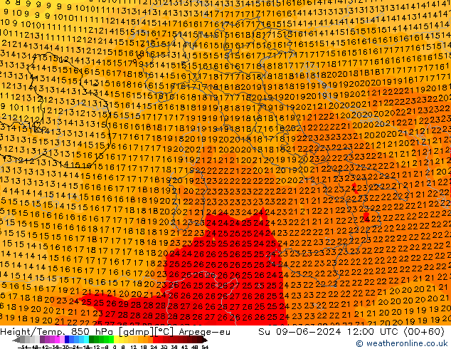 Hoogte/Temp. 850 hPa Arpege-eu zo 09.06.2024 12 UTC