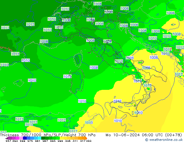 Thck 700-1000 hPa Arpege-eu Mo 10.06.2024 06 UTC