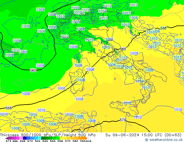 Thck 500-1000гПа Arpege-eu Вс 09.06.2024 15 UTC