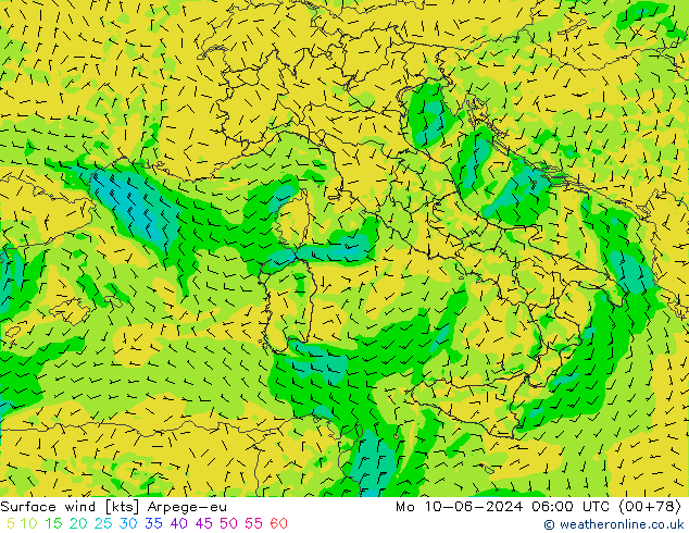 Viento 10 m Arpege-eu lun 10.06.2024 06 UTC