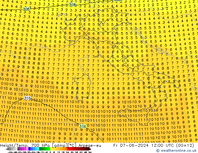 Height/Temp. 700 hPa Arpege-eu ven 07.06.2024 12 UTC