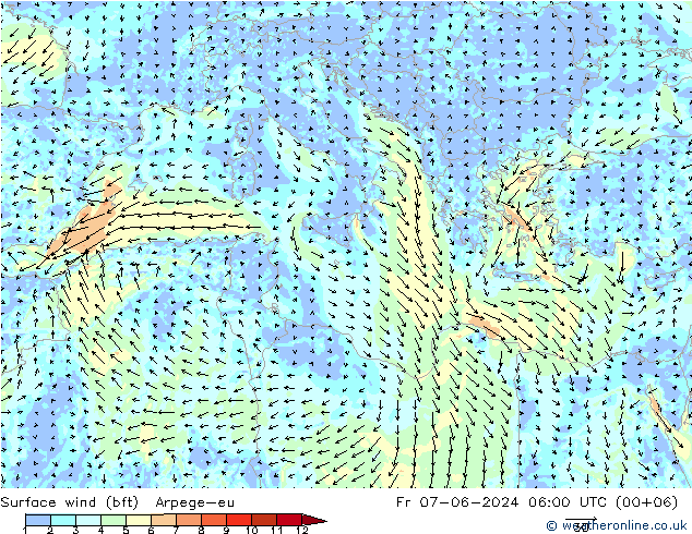 Vent 10 m (bft) Arpege-eu ven 07.06.2024 06 UTC