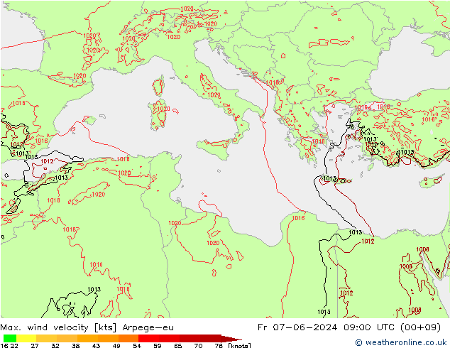 Max. wind velocity Arpege-eu Fr 07.06.2024 09 UTC