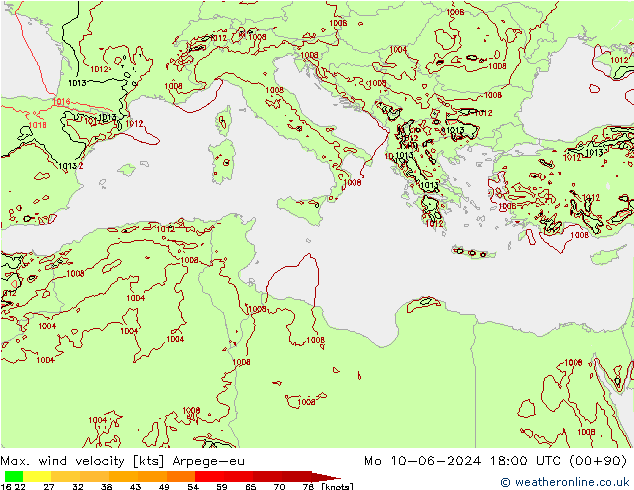 Max. wind velocity Arpege-eu Po 10.06.2024 18 UTC