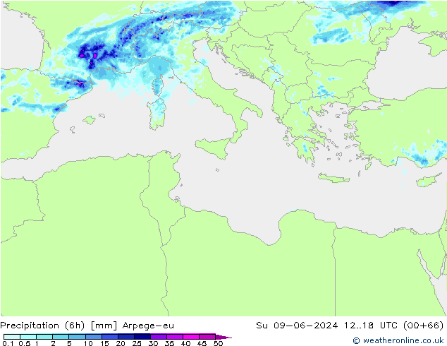 Precipitación (6h) Arpege-eu dom 09.06.2024 18 UTC