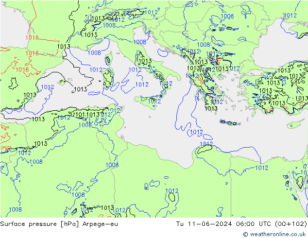 Surface pressure Arpege-eu Tu 11.06.2024 06 UTC