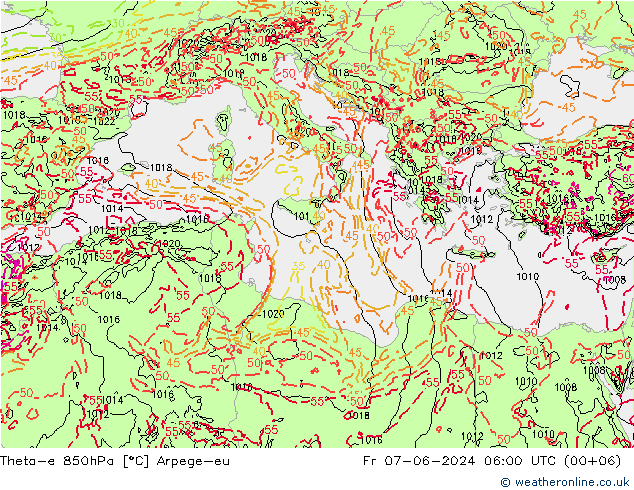 Theta-e 850hPa Arpege-eu ven 07.06.2024 06 UTC