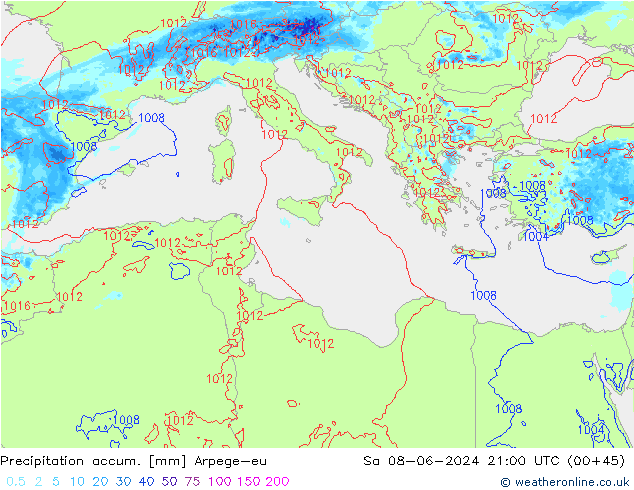 Precipitation accum. Arpege-eu сб 08.06.2024 21 UTC