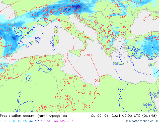 Precipitation accum. Arpege-eu  09.06.2024 00 UTC