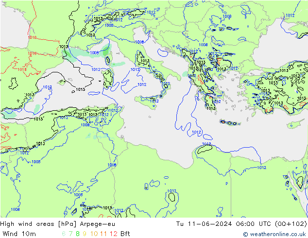 High wind areas Arpege-eu Tu 11.06.2024 06 UTC