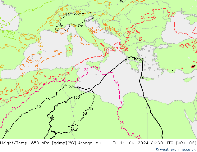 Height/Temp. 850 hPa Arpege-eu mar 11.06.2024 06 UTC