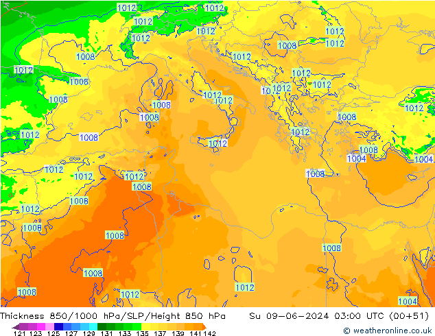 850-1000 hPa Kalınlığı Arpege-eu Paz 09.06.2024 03 UTC