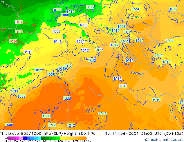 Thck 850-1000 hPa Arpege-eu Tu 11.06.2024 06 UTC