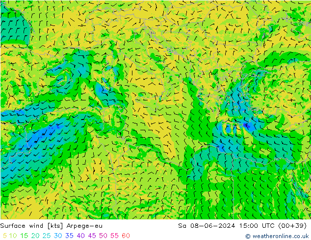 Wind 10 m Arpege-eu za 08.06.2024 15 UTC