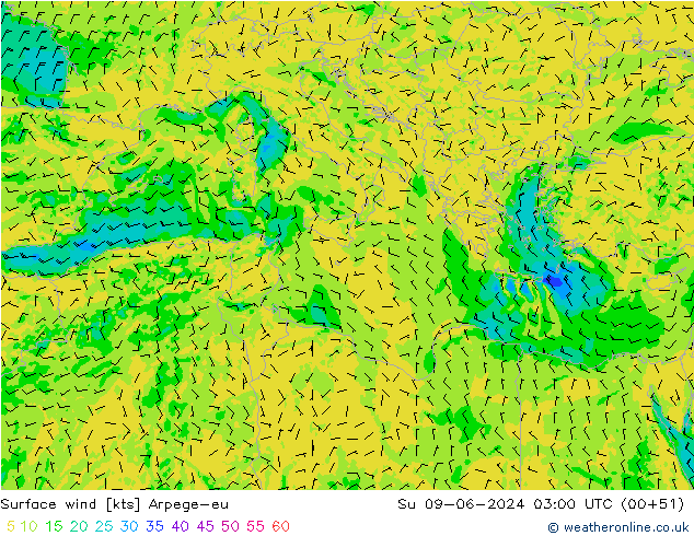 Rüzgar 10 m Arpege-eu Paz 09.06.2024 03 UTC