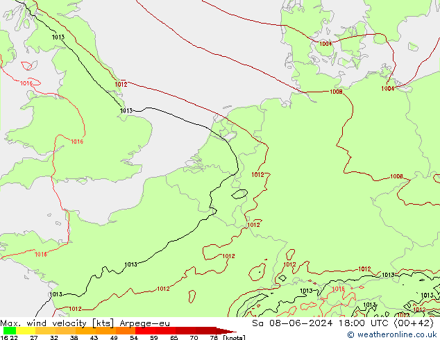 Max. wind velocity Arpege-eu So 08.06.2024 18 UTC