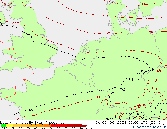 Max. wind velocity Arpege-eu Su 09.06.2024 06 UTC